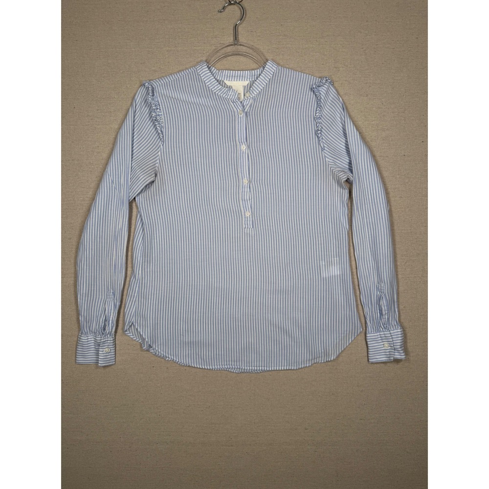 H&M Blue White Striped Ruffle Shoulder Mandarin Collar Blouse Size 6
